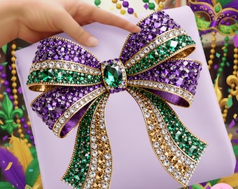 Rhinestone Mardi Gras Bow PNG, Sparkle Crystal Jewel Mosaic Bling Sublimation Design