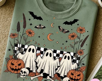Retro Fall Ghost Halloween Png, Boho Floral Ghost Png, Spooky Pumpkin Skull Png, Checkered Vintage Halloween Sublimation, Digital Download