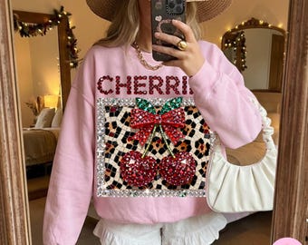 Cherries PNG, Leopard Rhinestone Bling Crystal Mosaic Jewel Sparkle DTF Design, Digital Download File