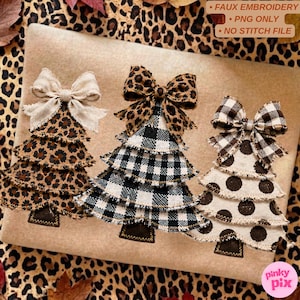 May include: Three decorative Christmas tree ornaments featuring frayed edges and fabric bows. The left tree has a leopard print, the center tree has a black and white buffalo check pattern with a leopard bow, and the right tree has brown polka dots.