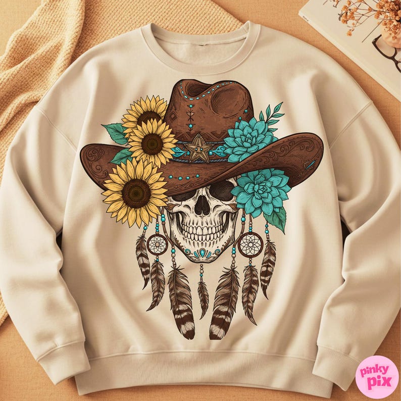 Op de afbeelding: Cr&egrave;mekleurige sweatshirt met een schedel die een bruine cowboyhoed draagt, versierd met zonnebloemen en turquoise bloemen. De schedel heeft dromenvangers en veren. Een uniek en artistiek ontwerp.