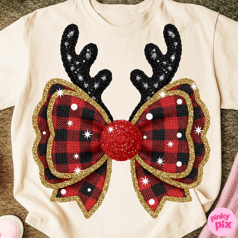 Fuskgarn Buffalo Rutig Rosett PNG: Glitter Antler Jul Sublimeringsdesign bild 3