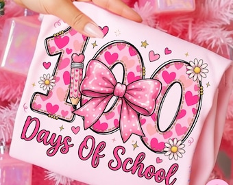 100 giorni di scuola Png, fiocco rosa Coquette, matita, cuore, insegnante, design a sublimazione
