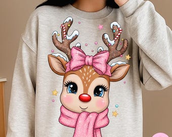 Renna rosa di Natale PNG: design a sublimazione per fiocco di cervo per le feste da ragazza Coquette