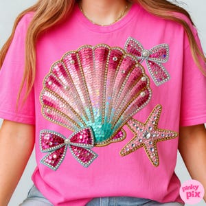 Summer Seashell Starfish PNG: Coquette Coastal Beach Sequin Rhinestone Bow Shirt Design image 5