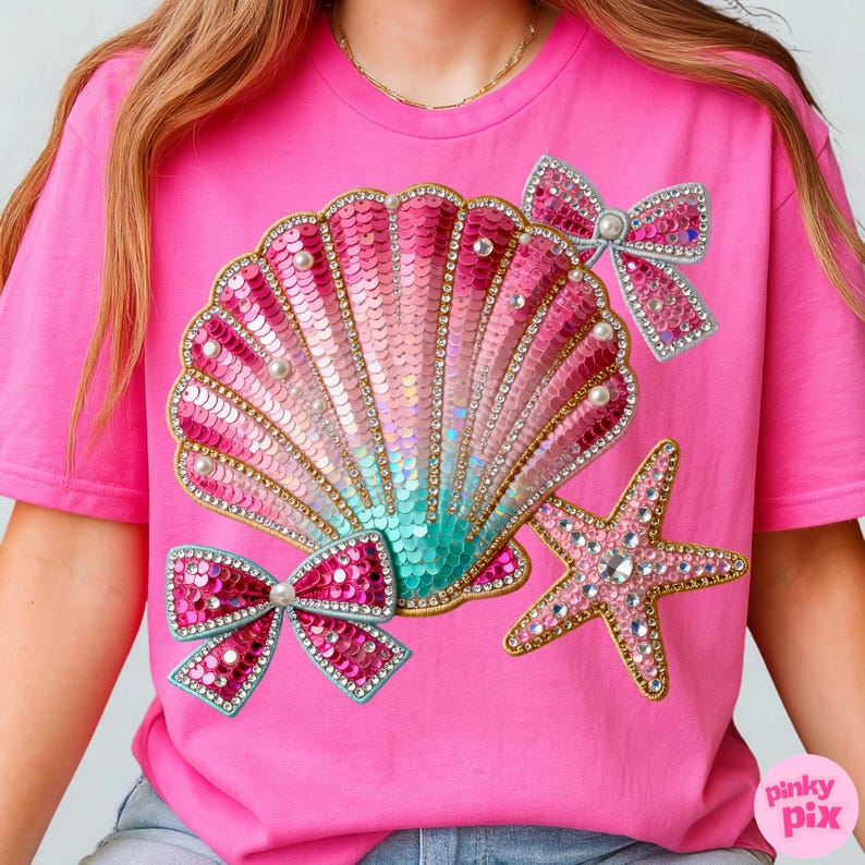 Summer Seashell Starfish PNG: Coquette Coastal Beach Sequin Rhinestone Bow Shirt Design image 5