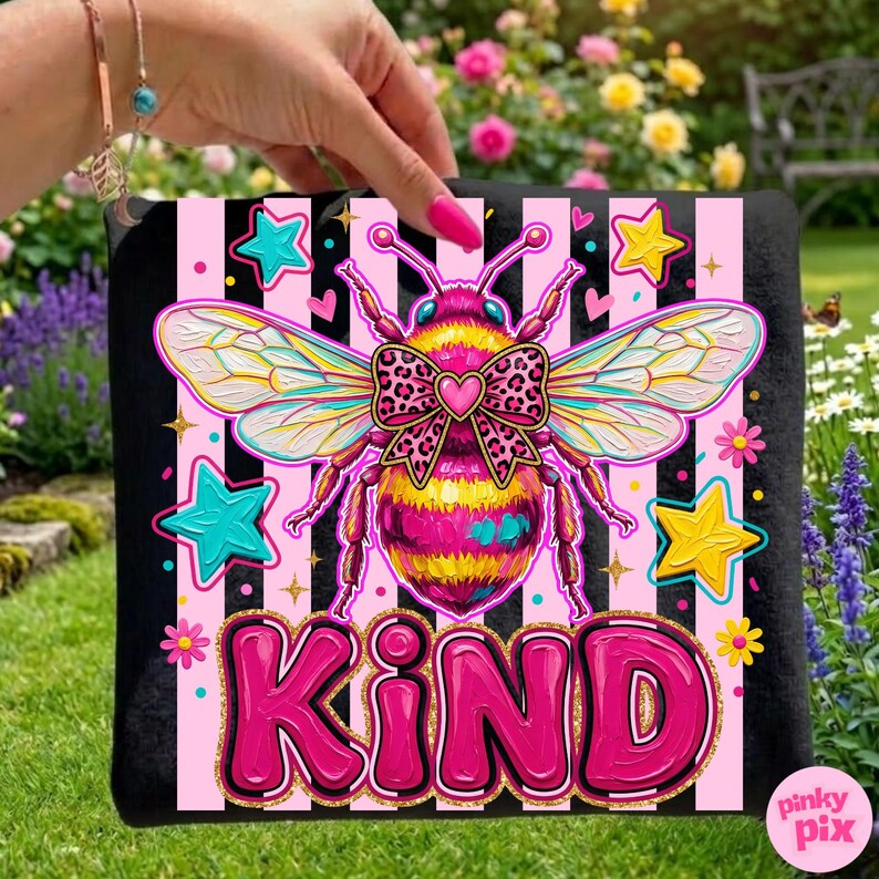 May include: A black tote bag with a colorful bee design. The bee has pink and yellow stripes, a leopard print bow, and is surrounded by stars and flowers. The word "KIND" is written in pink bubble letters.