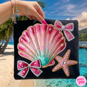 Summer Seashell Starfish PNG: Coquette Coastal Beach Sequin Rhinestone Bow Shirt Design image 2