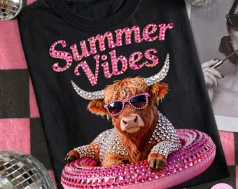 Summer Vibes Highland Cow PNG: Rhinestone Glam Pool Float Sublimation Design, Bling Digital Download
