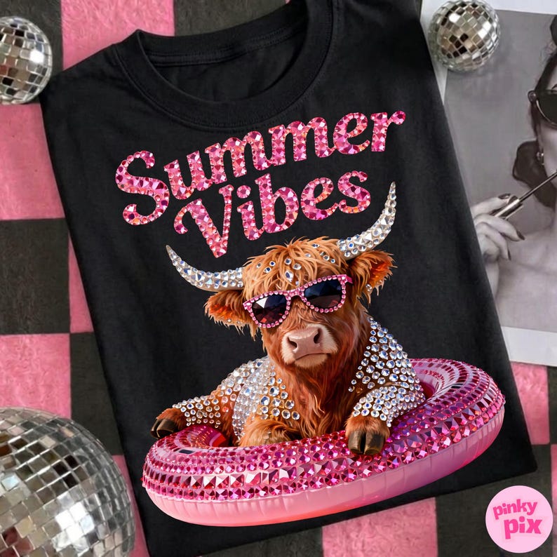 May include: Black t-shirt with the text "Summer Vibes" in pink rhinestones. The shirt features a Highland cow wearing sunglasses and a bejeweled floatie. The cow is brown with long horns and is surrounded by disco balls.