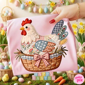 Op de afbeelding: Een roze stof met een patchwork kippenontwerp. De kip zit in een mand met een ruitjesstrik. De kip heeft een rode kam en snavel, en de vleugels zijn blauw en wit geruit. De woorden "HAPPY EASTER" staan in de afbeelding.