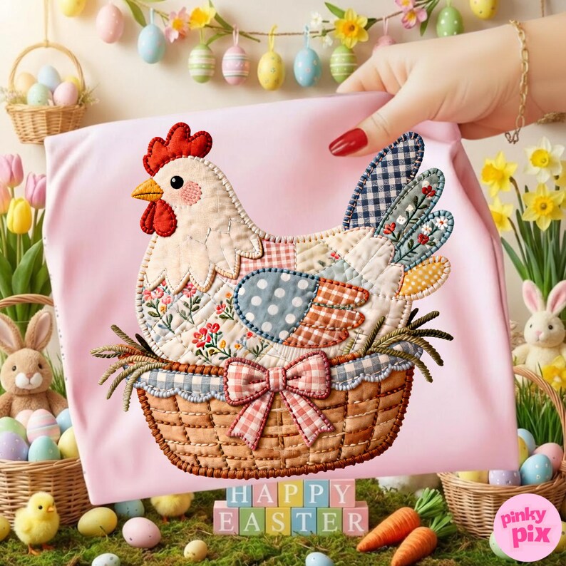Op de afbeelding: Een roze stof met een patchwork kippenontwerp. De kip zit in een mand met een ruitjesstrik. De kip heeft een rode kam en snavel, en de vleugels zijn blauw en wit geruit. De woorden "HAPPY EASTER" staan in de afbeelding.