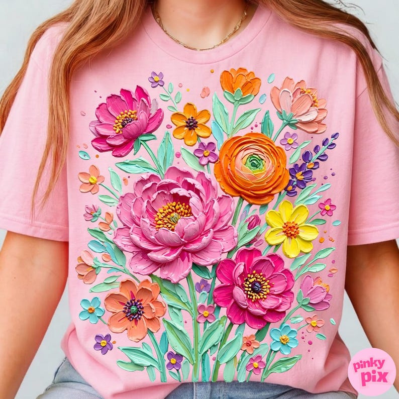 May include: A light pink t-shirt featuring a vibrant floral design. The design includes large pink peonies, orange, yellow, and blue flowers with green leaves. The shirt has a crew neck and short sleeves. The brand name "pinky pix" is in the bottom right corner.