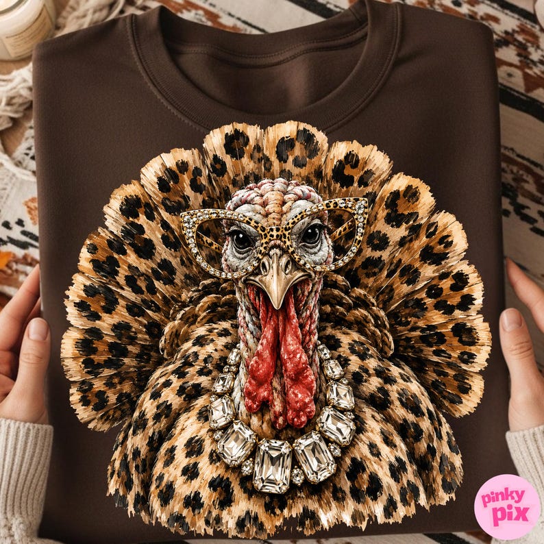 May include: A dark brown sweatshirt featuring a graphic print of a turkey with leopard print feathers, wearing gold-rimmed glasses and a large, multi-faceted clear crystal statement necklace. The turkey has a red wattle and a sharp beak.