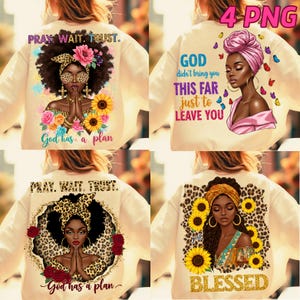 Pu&ograve; includere: Felpe color crema con vari disegni grafici. Una presenta una donna con un copricapo floreale e il testo "PRAY. WAIT. TRUST." e "God has a plan." Un'altra mostra una donna con un turbante rosa e il testo "GOD didn't bring you THIS FAR just to LEAVE YOU."
