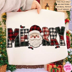 Könnte beinhalten: Ein weißes Grafikdesign mit dem Wort MERRY, bei dem ein Weihnachtsmann-Gesicht den Buchstaben A ersetzt. Die Buchstaben haben ein rot-schwarz-grünes Karomuster. Der Text in der Ecke lautet PNG FILE ONLY, NO PATTERN, NO REAL PATCH, FLAT IMAGE.