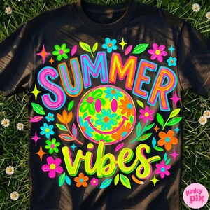 May include: Black t-shirt with a colorful "Summer Vibes" design. The design features a smiley face surrounded by flowers and the words "Summer" and "Vibes" in bright, outlined lettering. The shirt is decorated with flowers and stars.