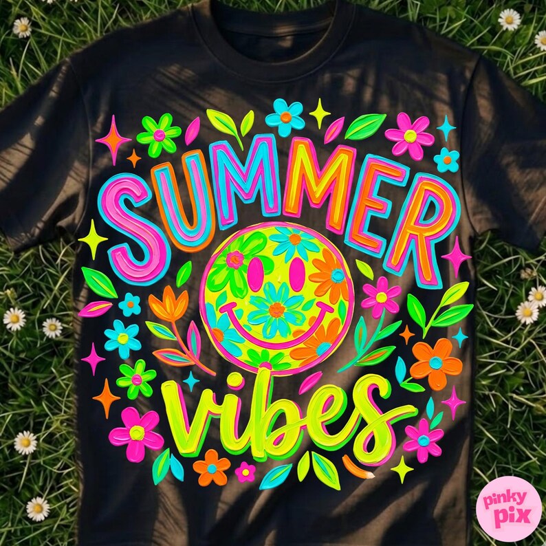 May include: Black t-shirt with a colorful "Summer Vibes" design. The design features a smiley face surrounded by flowers and the words "Summer" and "Vibes" in bright, outlined lettering. The shirt is decorated with flowers and stars.