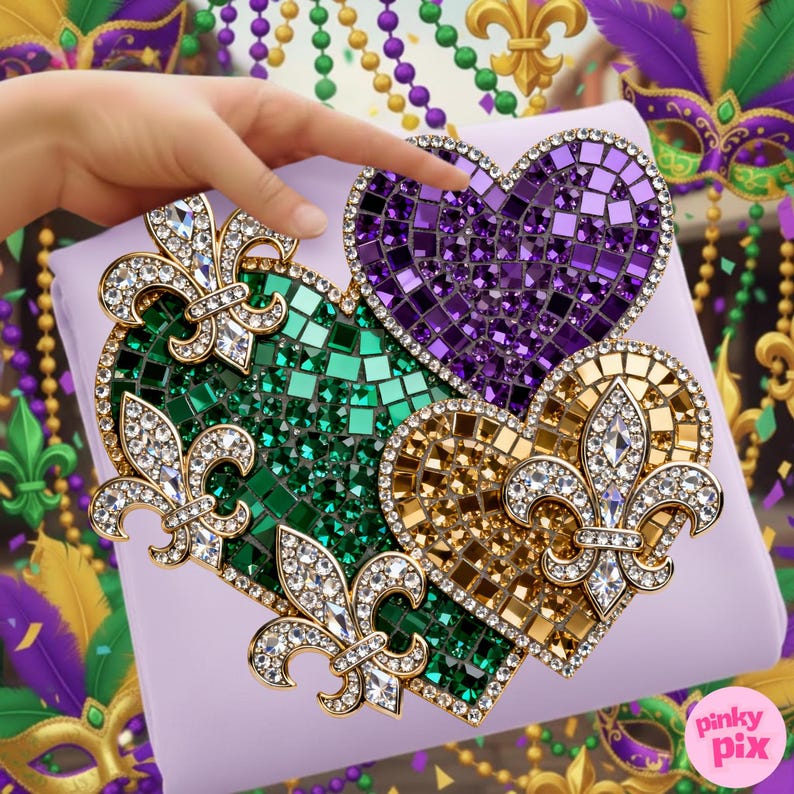May include: Three heart-shaped decorative items with mosaic tile designs in green, purple, and gold. Each heart features a fleur-de-lis design with clear crystal accents. The items are on a lavender surface.