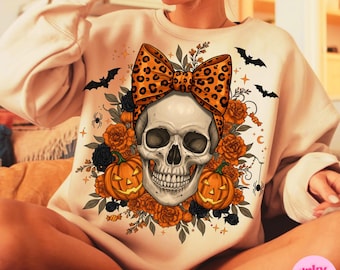 Calavera retro de Halloween de otoño coqueta (Png), calavera con lazo de leopardo (Png), calabaza floral (Png), camiseta gótica de calavera de otoño, sublimación de Halloween de moda