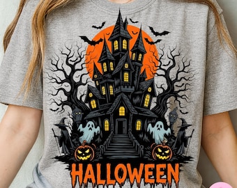 Haunted House Halloween PNG: Spooky Ghost Pumpkin Moon Sublimation Design