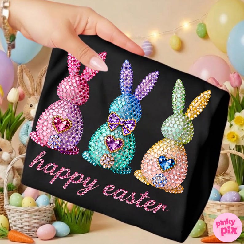 May include: Black fabric featuring three jeweled Easter bunnies in pink, blue, and yellow. Each bunny has a heart-shaped gem and a bow tie. The words "happy easter" are written in pink script.