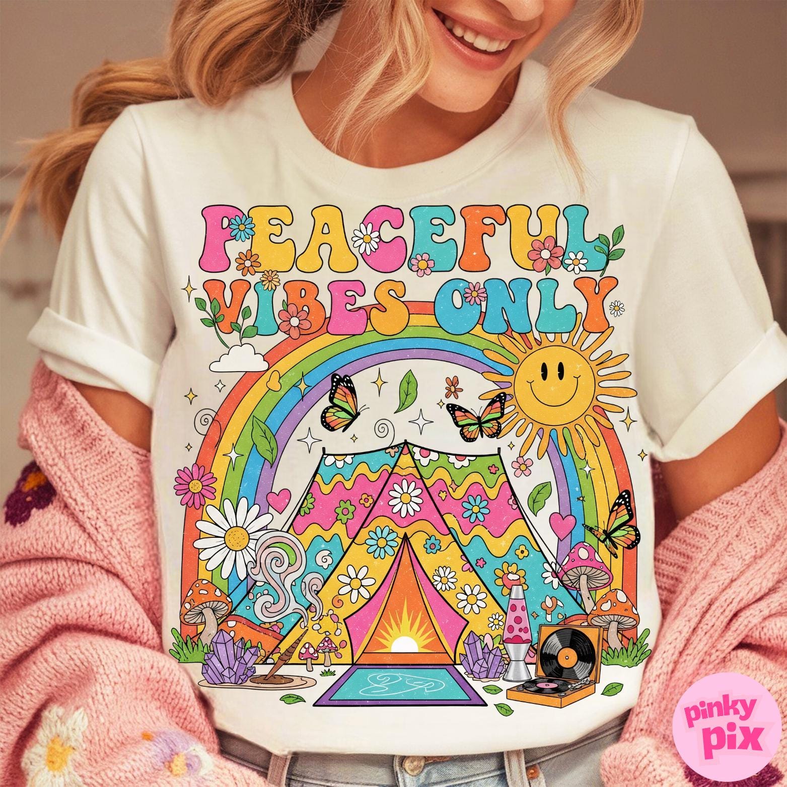 Retro Rainbow Camping Png, Groovy Hippie Tent Sublimation, Boho Colorful Summer Camp Png, Good Vibes Png, Trendy Camping Shirt Design