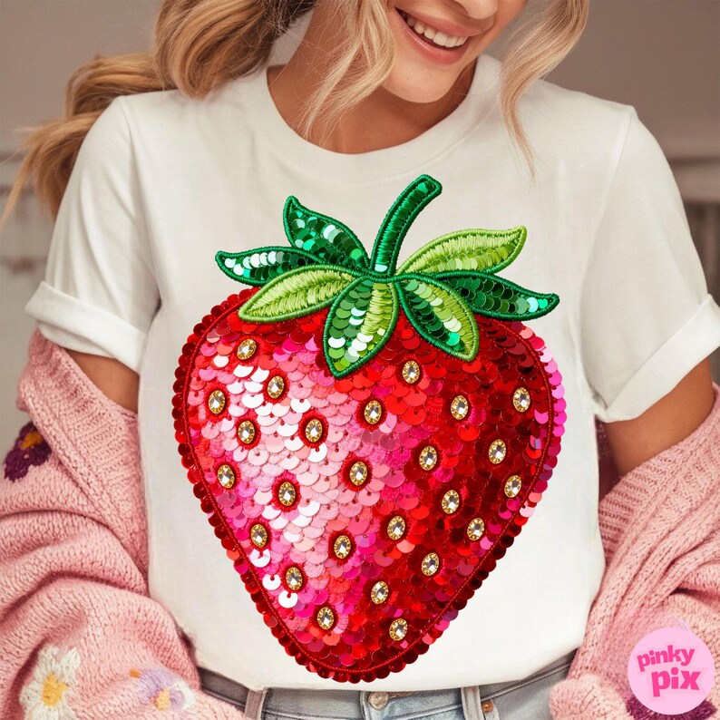 K&ouml;nnte beinhalten: Wei&szlig;es T-Shirt mit einem gro&szlig;en, paillettenbesetzten Erdbeer-Design. Die Erdbeere ist rot und rosa mit gr&uuml;nen Bl&auml;ttern und Stiel. Das Design enth&auml;lt kleine, klare Edelsteine. Das Shirt ist Teil einer Bekleidungskollektion.