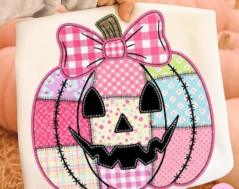 Rosa Patchwork Jack O Lantern Kürbis Png, Kokette Preppy Kürbis Bogen Clipart, Girly Halloween Sublimation, niedlicher Retro Herbst Kürbis Design