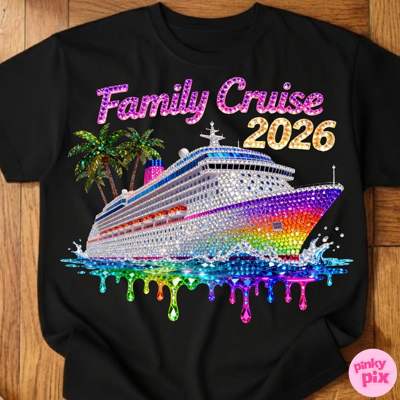 Op de afbeelding: Zwart T-shirt met een kleurrijke afbeelding van een cruiseschip, palmbomen en de tekst "Family Cruise 2026". Het schip is versierd met glinsterende edelstenen en een regenboogkleurige voorkant.