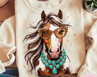 Glam Horse PNG: Leopard Solglasögon Turkos Smycken Western Penseldrag Cowgirl DTF Sublimering Digital Nedladdning