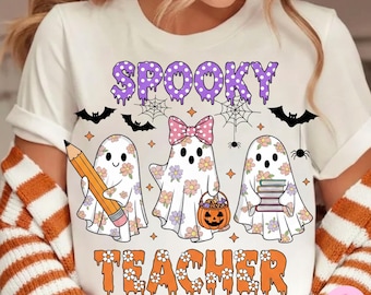 Spooky Teacher Halloween Cute Ghost Png, Spooky Vibes Png, Retro Halloween Png, Boho Floral Fall Png, Halloween Shirt Sublimation Designs