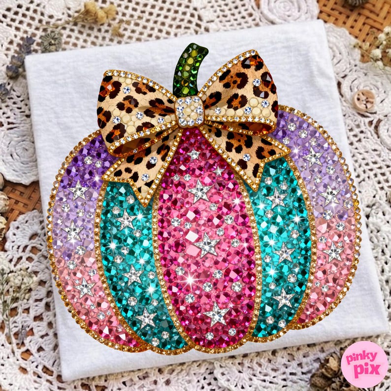 Op de afbeelding: Een pompoenvormige broche bedekt met veelkleurige strass-steentjes, met een roze middengedeelte, turquoise zijpanelen en lavendelkleurige randen. De pompoen is voorzien van een strik met luipaardprint, een groene steeltje en zilveren sterren.
