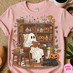 Retro mysig spökläsning Halloween png, bokälskare spöke sublimering, höstbibliotek Boo spöke skjorta png, söt läskig bokhylla spöke png