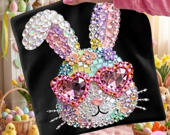 Rhinestone Easter Bunny PNG: Sparkle Bling Crystal Mosaic Jewel Heart Glasses, Trending Digital Download