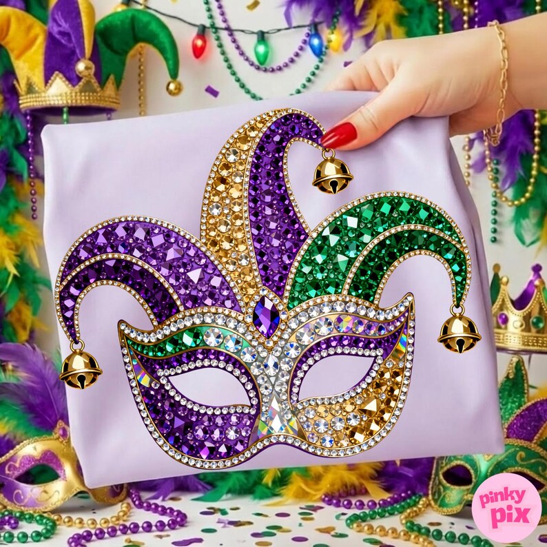 May include: A light purple clutch featuring a jeweled Mardi Gras mask design. The mask is adorned with purple, green, and gold gems, and has gold bells hanging from the points. The background includes Mardi Gras decorations.
