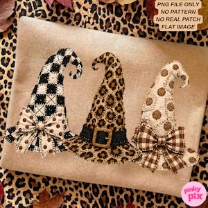 May include: Three decorative witch hats featuring distinct patterns: a black and white buffalo check with a polka dot bow, a leopard print with a black buckle band, and a beige polka dot design with a brown and white gingham bow. Text: PNG FILE ONLY NO PATTERN NO REAL PATCH FLAT IMAGE.