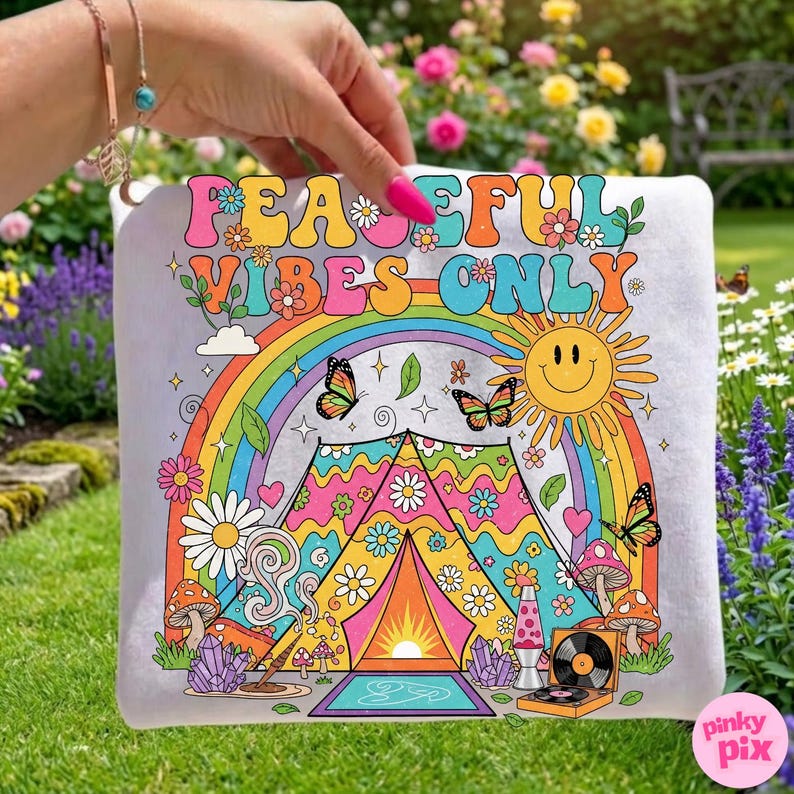 May include: A square, light gray pillow with a colorful, retro design. The design includes a rainbow, butterflies, a smiling sun, and the text "PEACEFUL VIBES ONLY". The pillow has a whimsical, bohemian theme.