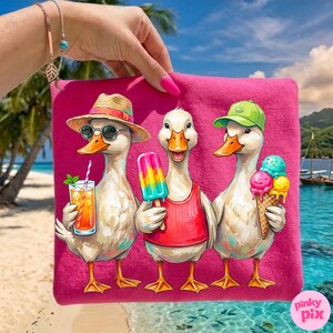May include: A pink tote bag featuring a cartoon illustration of three ducks enjoying summer. One duck wears a straw hat and sunglasses, holding a cocktail. Another holds a popsicle, and the third has an ice cream cone. The background shows a beach scene.