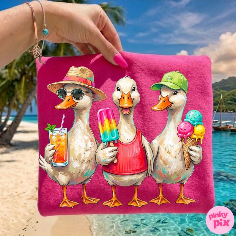 May include: A pink tote bag featuring a cartoon illustration of three ducks enjoying summer. One duck wears a straw hat and sunglasses, holding a cocktail. Another holds a popsicle, and the third has an ice cream cone. The background shows a beach scene.