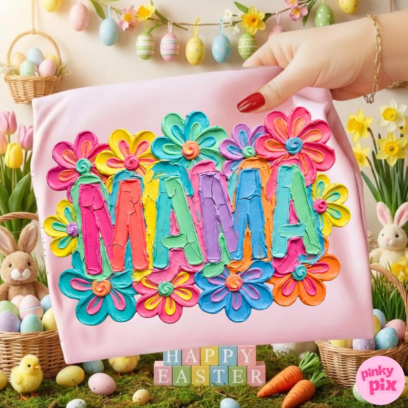 May include: A light pink t-shirt with the word "MAMA" in colorful, textured letters, surrounded by vibrant, layered flower designs. The flowers feature shades of blue, yellow, orange, and pink. The image has an Easter theme with decorative eggs and a "Happy Easter" block sign.