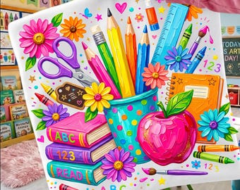 Teacher Supplies PNG: Colorful School Classroom Apple Pencil Floral Design, Digital Download