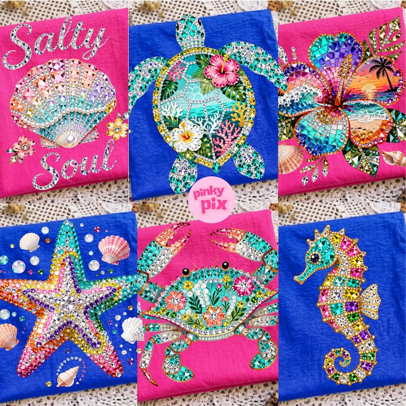 May include: A collection of six colorful beach-themed designs. The designs include a seashell with the text "Salty Soul", a sea turtle, a hibiscus flower, a starfish, a crab, and a seahorse. Each design is embellished with sparkling gems.
