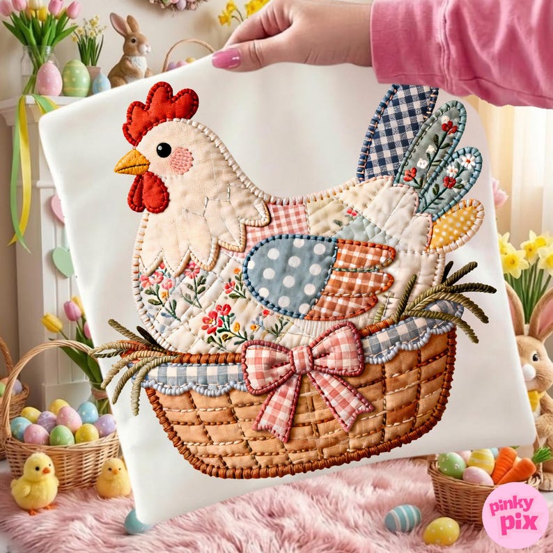 Op de afbeelding: Een decoratief kussen met een patchwork kippenontwerp. De kip heeft een rode kam en lellen, met een lichaam samengesteld uit verschillende stoffen met patronen, waaronder bloemen en ruitjes. Het zit in een geweven mand met een ruitjesstrik.