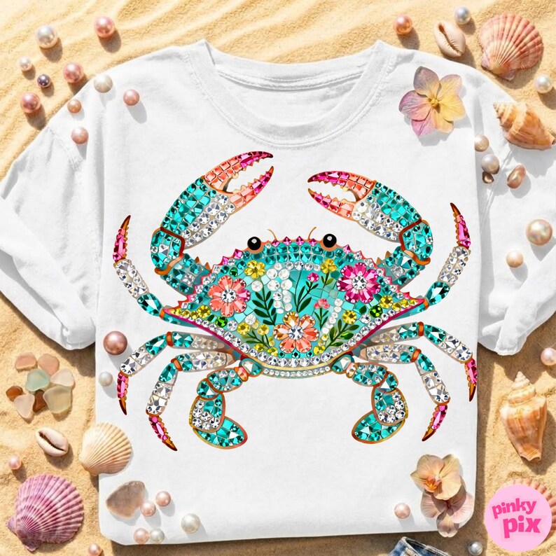 May include: White t-shirt featuring a detailed, jewel-toned crab design. The crab is adorned with turquoise, pink, and clear crystals, with floral accents. The design includes the text "pinky pix" in the lower right corner.