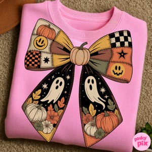 Halloween Retro Fall Bow Png, Patchwork Ghost Pumpkin Clipart, Cute Checkered Spooky Bow Sublimation, Vintage Autumn Halloween Shirt Design