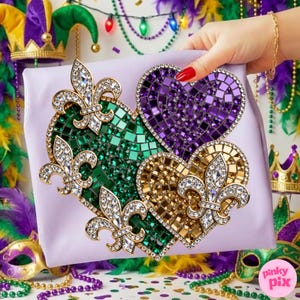 May include: A light purple package is adorned with three mosaic hearts in green, gold, and purple, each embellished with sparkling fleur-de-lis designs. The image has a Mardi Gras theme with decorative elements.
