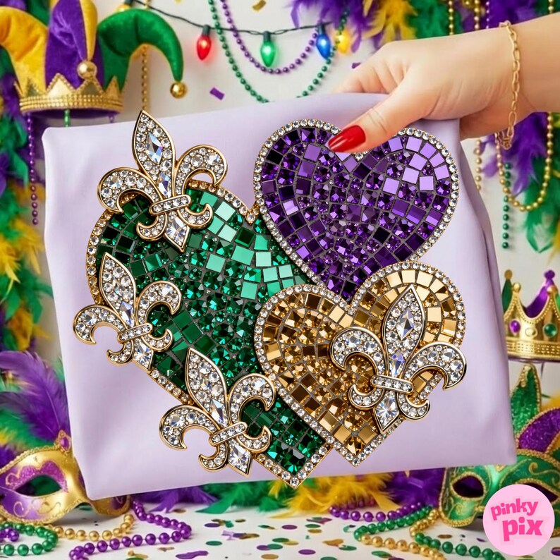 May include: A light purple package is adorned with three mosaic hearts in green, gold, and purple, each embellished with sparkling fleur-de-lis designs. The image has a Mardi Gras theme with decorative elements.