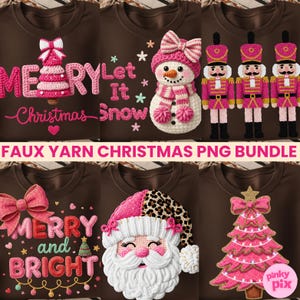 Op de afbeelding: Een verzameling bruine crewneck shirts met kerstthema-ontwerpen. De ontwerpen omvatten een roze kerstboom, een sneeuwpop, notenkrakers en de zinnen "Merry Christmas" en "Merry and Bright". De tekst "FAUX YARN CHRISTMAS PNG BUNDLE" is ook aanwezig.