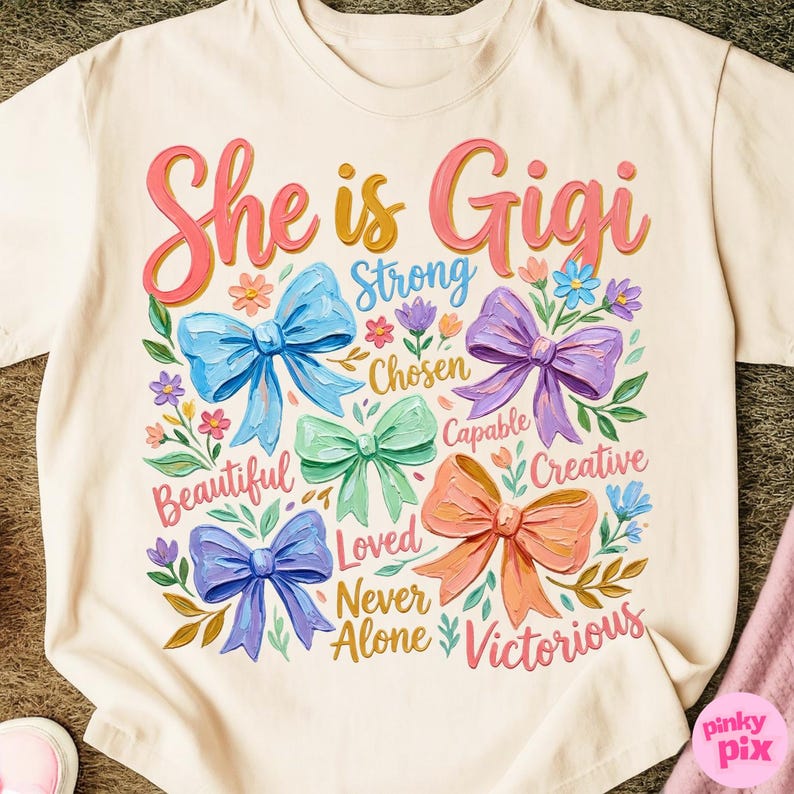 K&ouml;nnte beinhalten: Cremefarbenes T-Shirt mit dem Text "She is Gigi" in rosa und gelber Schrift. Das Design umfasst bunte Schleifen, Blumen und W&ouml;rter wie "Strong", "Beautiful" und "Victorious".